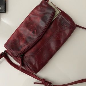Frye Crossbody in distressed burgundy leather.
